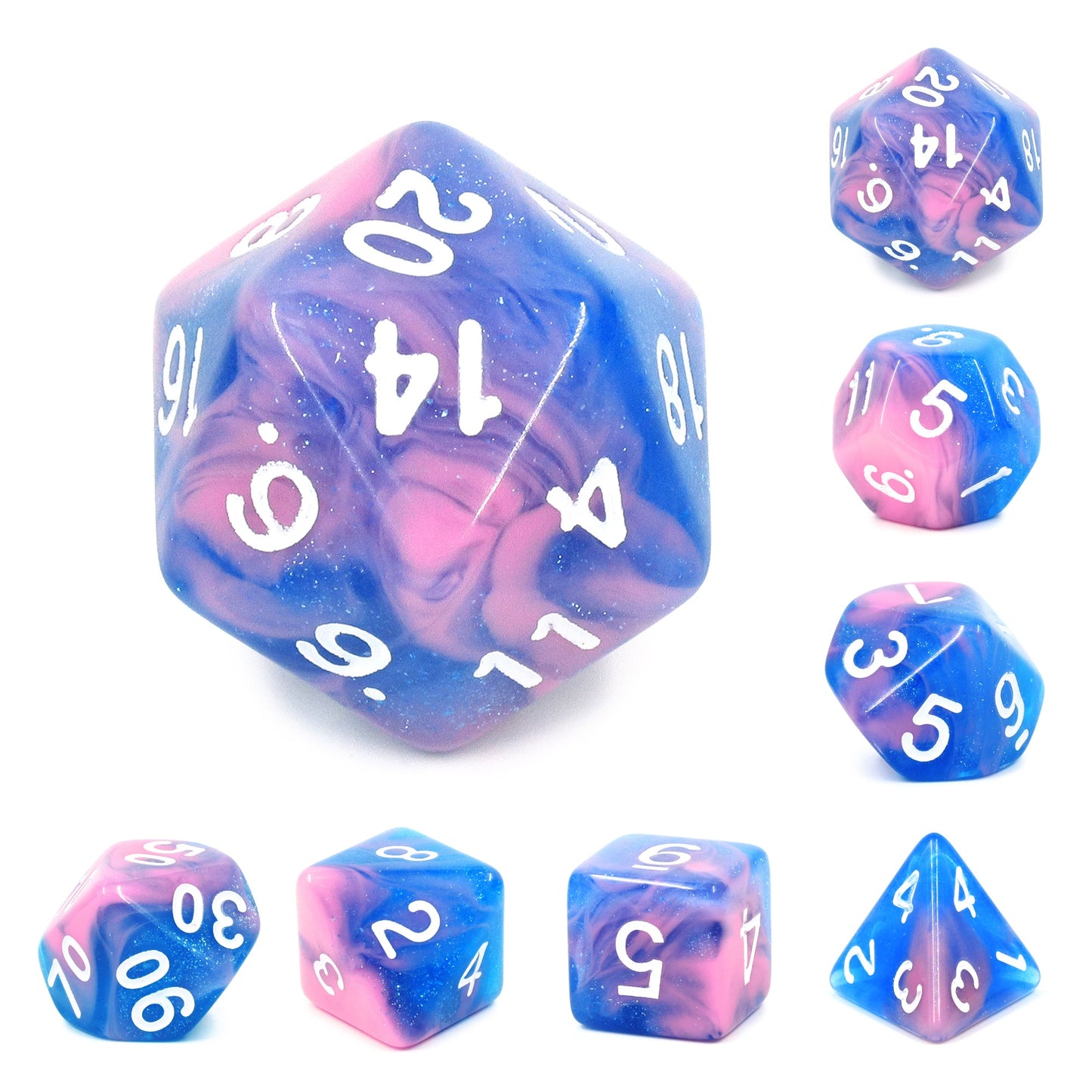 Miami Vice Blue/Pink Glitter/Swirl 7-Dice Set by HendgaDice