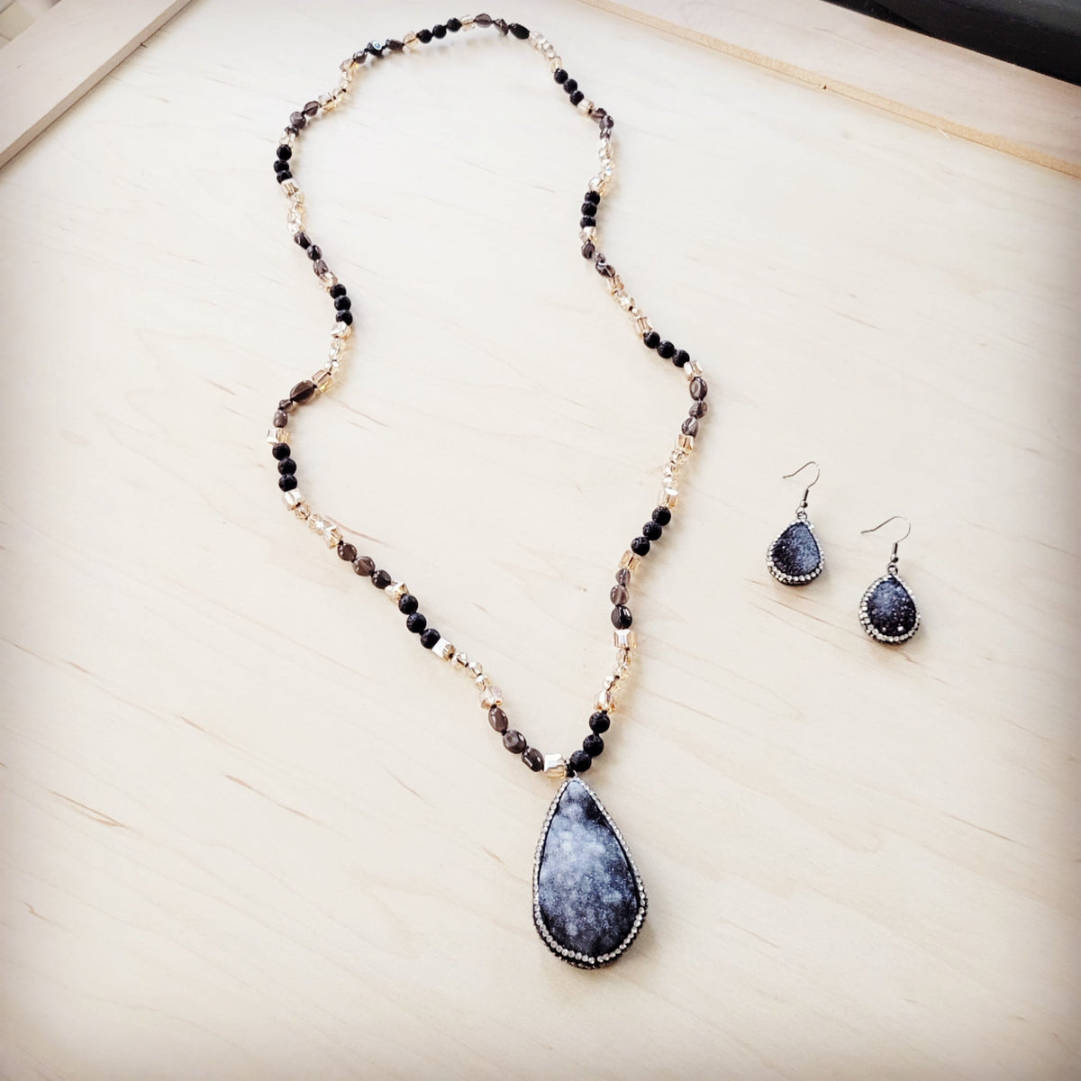 Black Lava Beaded Necklace w/ Druzy Pendant 257lb