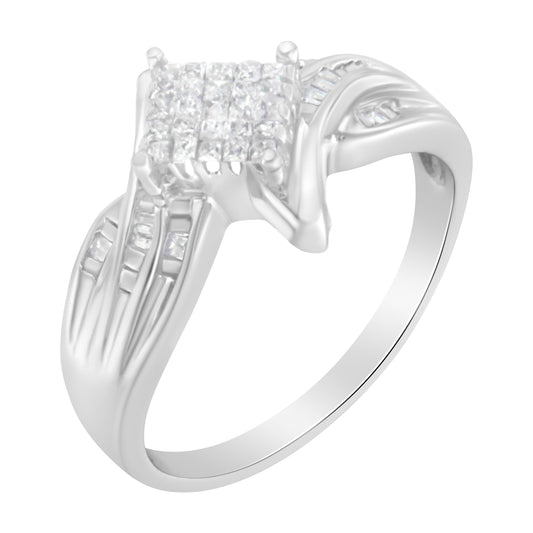 10K White Gold 1/3 Cttw Princess and Baguette Cut Diamond Bypass Style Cocktail Ring (I-J Color, I1-I2 Clarity) - Size 4 Otarealm
