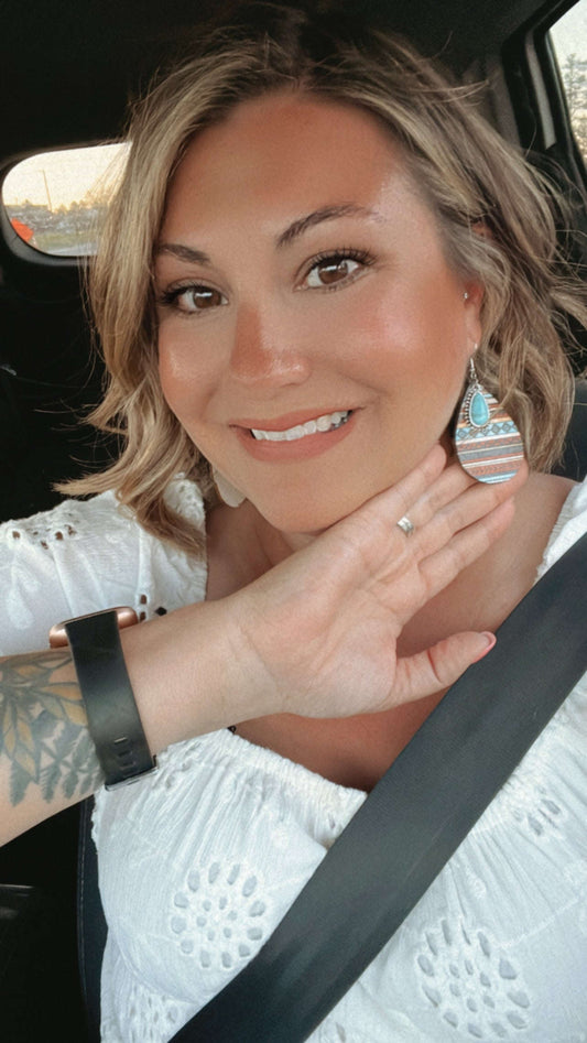 Aztec Pattern Wood and Turquoise Drop Earrings Otarealm