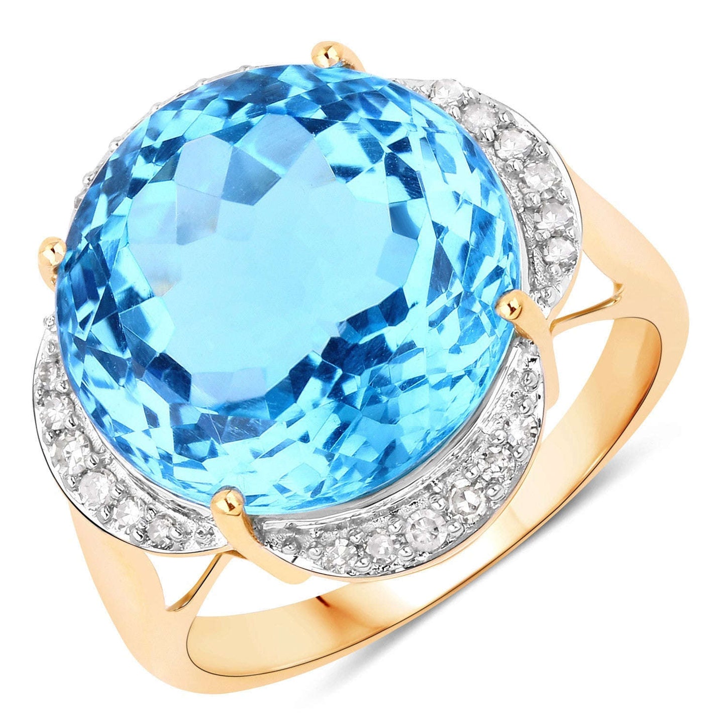 12.69 Carat Genuine Swiss Blue Topaz and White Diamond 14K Yellow Gold Ring Otarealm