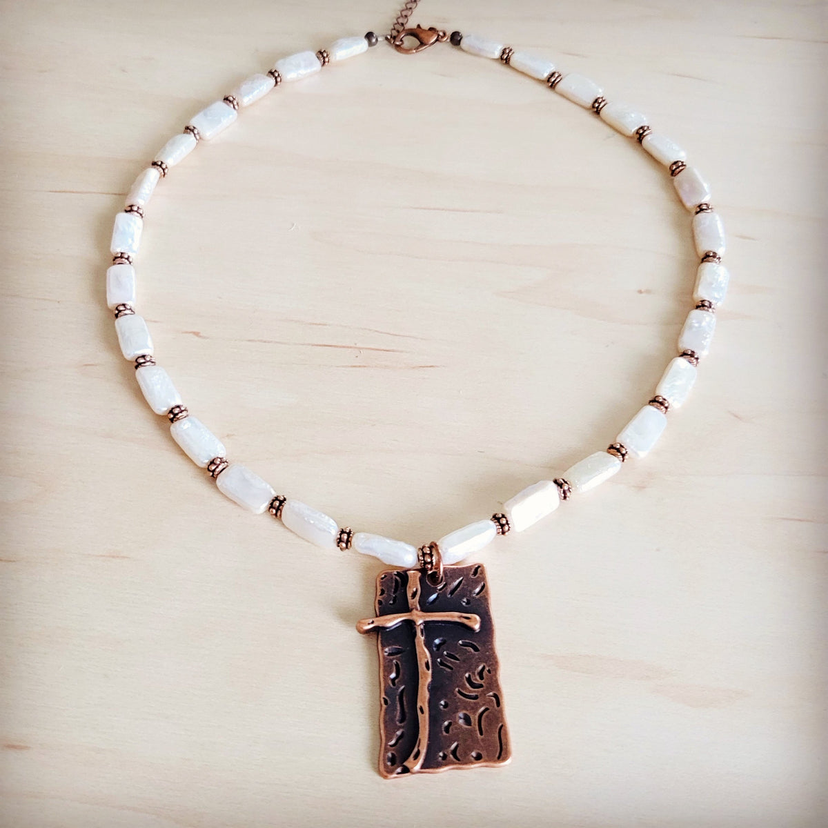Rectangle Freshwater Pearl & Copper Necklace w/ Antique Cross Pendant 264a