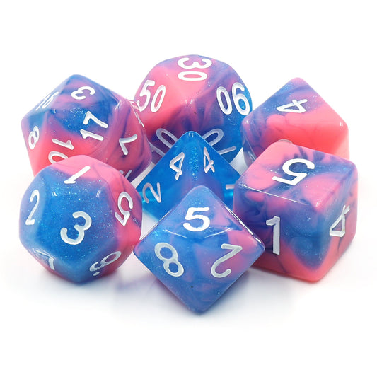 Miami Vice Blue/Pink Glitter/Swirl 7-Dice Set by HendgaDice