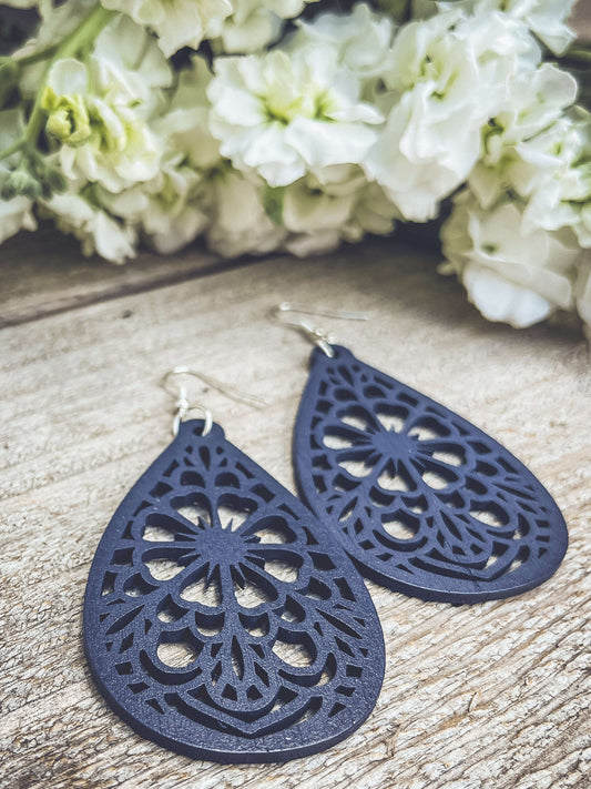 Beautiful Blue Laser Cut Wood Floral Earrings Otarealm