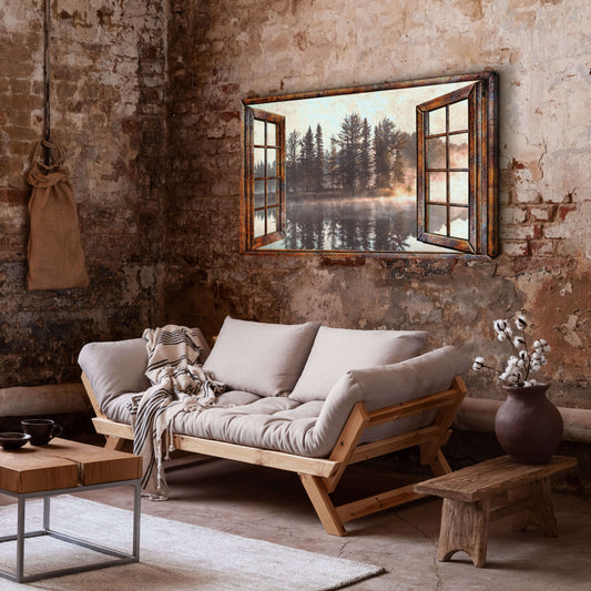 Foggy Autumn Lake View By The Window Canvas Wall Art Otarealm