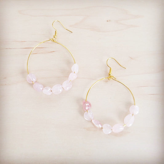 **Beaded Hoop Earrings- Genuine Natural Rose Quartz Stones 200bk