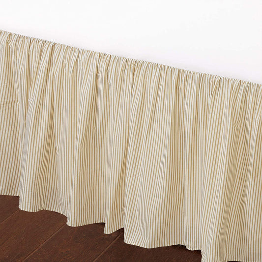 Tailored Bed Skirt Farmhouse Ticking Cream Golden & Yellow Caramel Cotton Striped Ruffled Dust Ruffle, 16" Drop