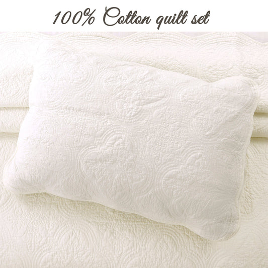 Serenity Ivory Victorian Scalloped Medallion Floral Pure Solid Cotton Reversible Quilt Bedding Set