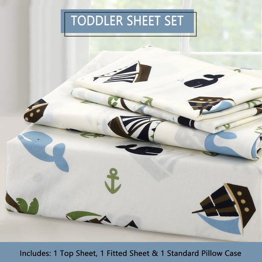 3-Piece Crib/Toddler Cotton Sheet Set White Blue Ocean Whale Ships Sail Monkey Island