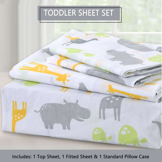 3-Piece Crib/Toddler Cotton Sheet Set Grey Yellow Safari Fun Animals Elephant Giraffe Hippo Otarealm