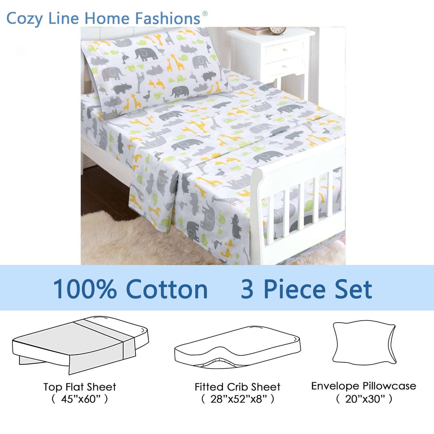 3-Piece Crib/Toddler Cotton Sheet Set Grey Yellow Safari Fun Animals Elephant Giraffe Hippo Otarealm