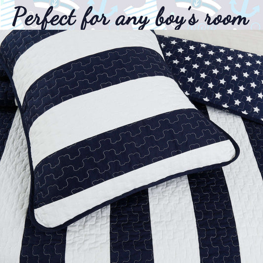 Ameristar Sailor Blue & White Striped Cotton Reversible Quilt Bedding Set Otarealm