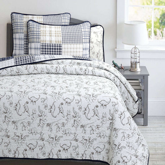 Benjamin Dinosaur Blue Brown Plaid Print Patchwork Cotton Reversible Quilt Bedding Set Otarealm