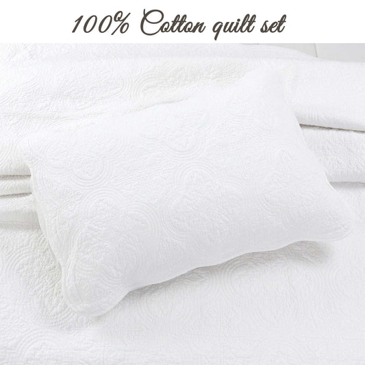 Serenity White Victorian Scalloped Medallion Floral Pure Solid Cotton Reversible Quilt Bedding Set Otarealm