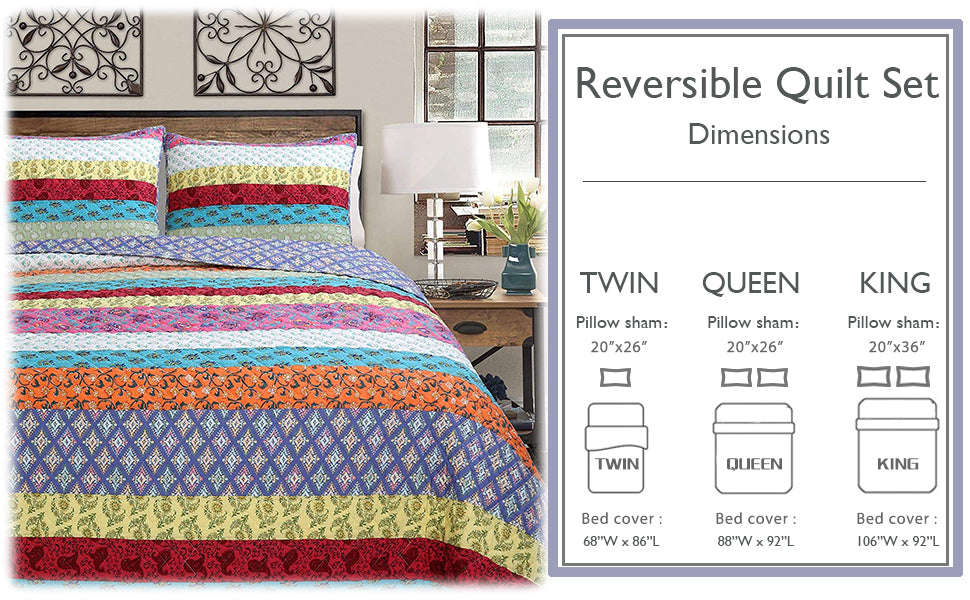 Vibrant Stripe Real Patchwork 3-Piece Cotton Reversible Quilt Bedding Set Otarealm