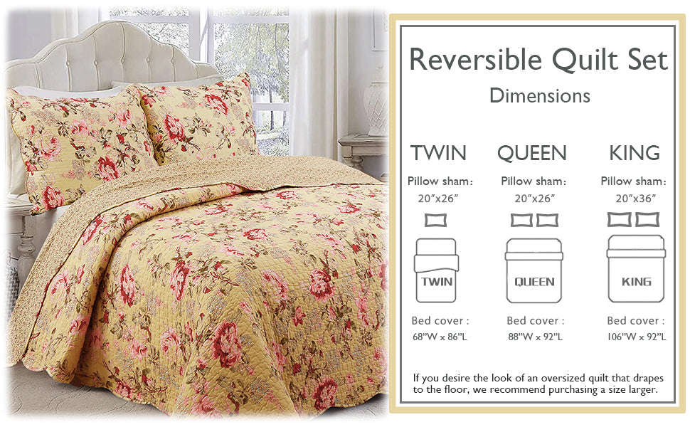 Lelia Pink Floral Scalloped Edge 3-piece Cotton Reversible Quilt Bedding Set Otarealm