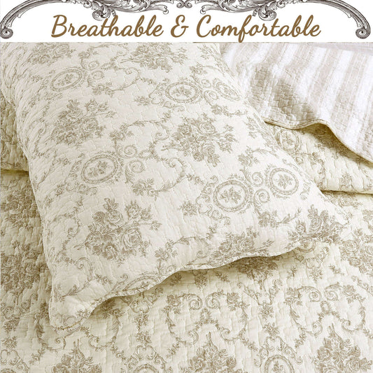 French Medallion Ivory Scalloped Edge Cotton 3-piece Reversible Quilt Bedding Set Otarealm