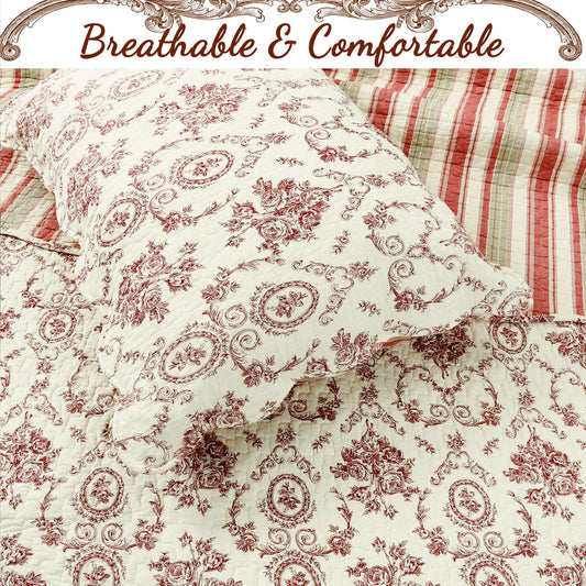 French Medallion Red Scalloped Edge Cotton 3-piece Reversible Quilt Bedding Set Otarealm