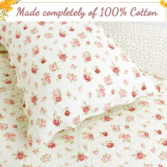 Pink Rose Garden Floral Cotton 3-piece Reversible Quilt Bedding Set