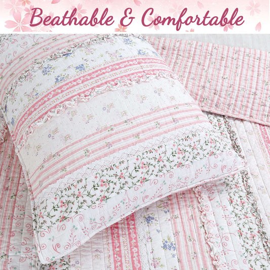 Romantic Chic Lace Ruffle Pink Real Patchwork Cotton Reversible Quilt Bedding Set Otarealm