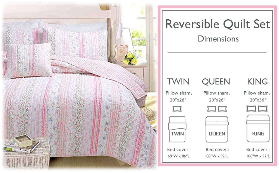 Romantic Chic Lace Ruffle Pink Real Patchwork Cotton Reversible Quilt Bedding Set Otarealm