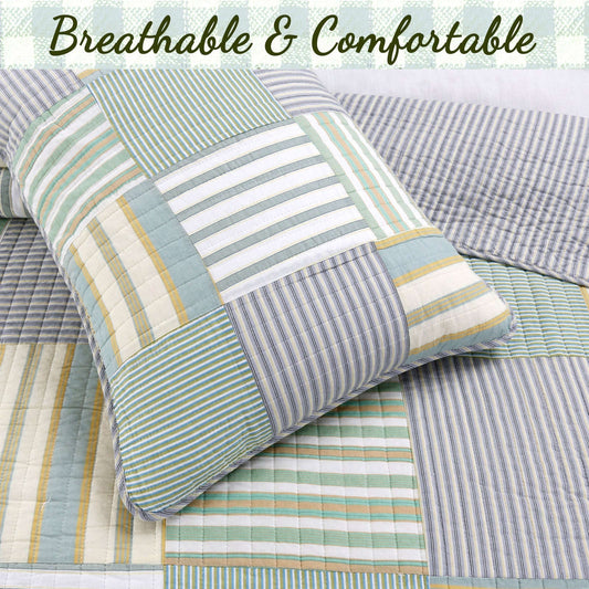 Spa Striped Real Patchwork Cotton Reversible Quilt Bedding Set Otarealm