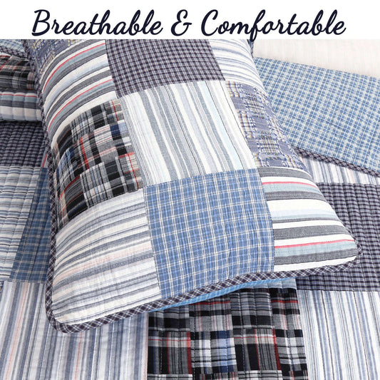 Daniel Stripe Plaid Blue Real Patchwork Cotton Reversible Quilt Bedding Set Otarealm