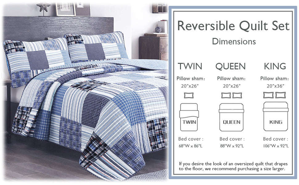 Daniel Stripe Plaid Blue Real Patchwork Cotton Reversible Quilt Bedding Set Otarealm