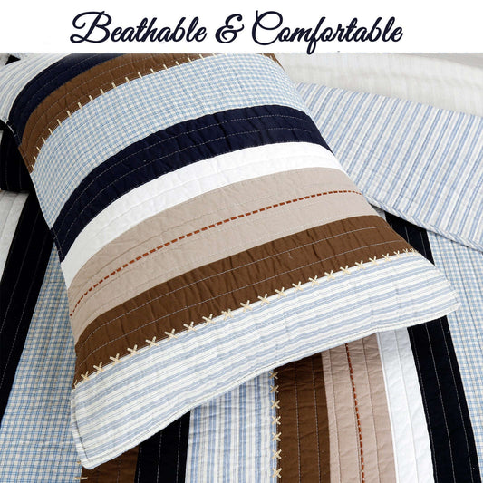 Nathan Stripe Blue Brown Real Patchwork Cotton Reversible Quilt Bedding Set Otarealm