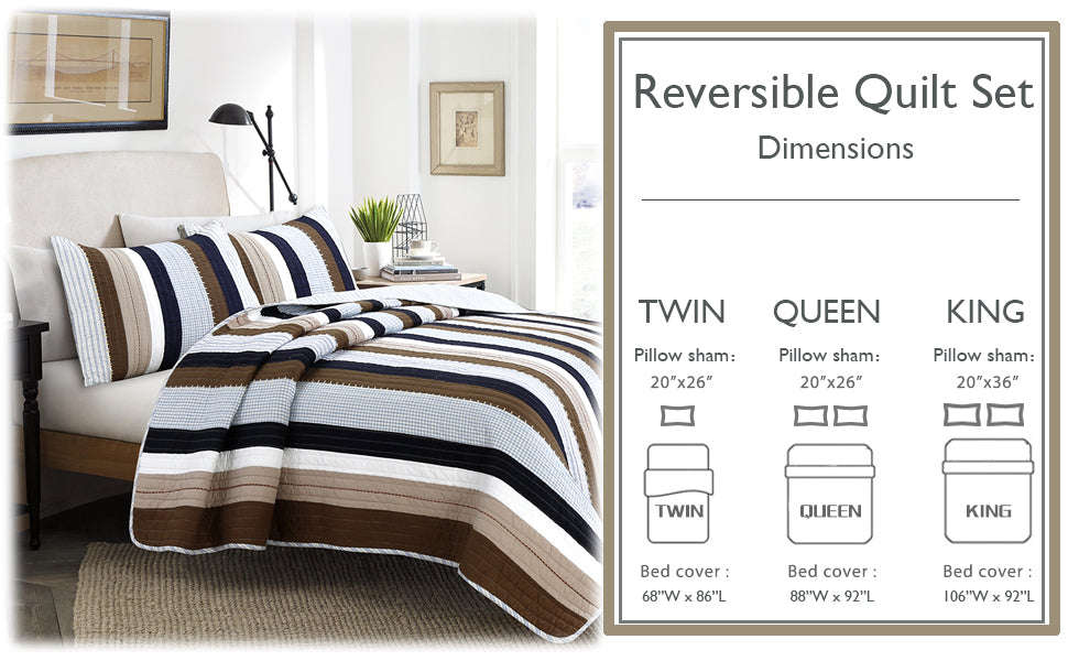 Nathan Stripe Blue Brown Real Patchwork Cotton Reversible Quilt Bedding Set Otarealm