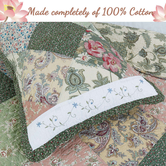 Grace Forest Green Real Patchwork Embroidered Scalloped Edge 3-Piece Cotton Reversible Quilt Bedding Set Otarealm