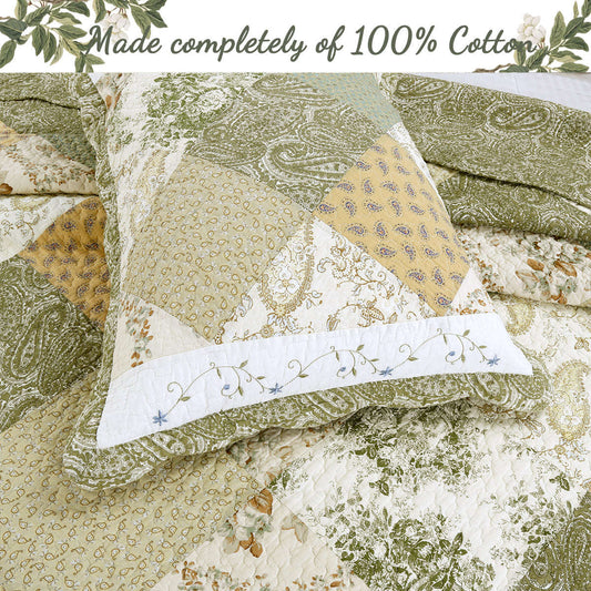 Grace Sage Green Real Patchwork Embroidered Scalloped Edge Cotton Reversible Quilt Bedding Set Otarealm