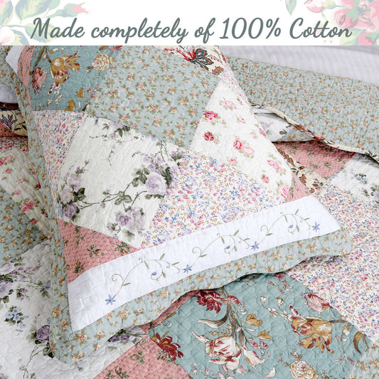 Grace Celadon Real Patchwork Embroidered Scalloped Edge Cotton Reversible Quilt Bedding Set Otarealm