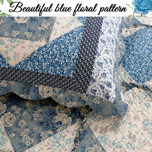 Moyers Blue Ruffle Real Patchwork Scalloped Edge Cotton 3-Piece Reversible Quilt Bedding Set Otarealm