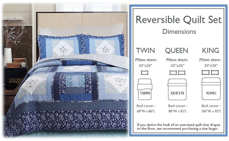 Moyle Blue Real Patchwork Embroidered Floral Ruffle Cotton 3-Piece Reversible Quilt Bedding Set Otarealm