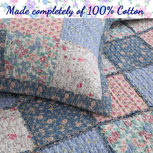 Mraz Blue Pink Ruffle Real Patchwork Cotton 3-Piece Reversible Quilt Bedding Set Otarealm