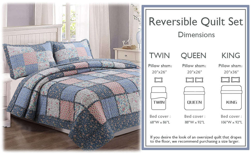 Mraz Blue Pink Ruffle Real Patchwork Cotton 3-Piece Reversible Quilt Bedding Set Otarealm