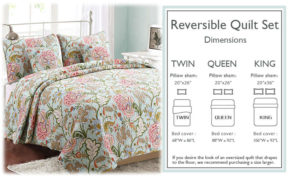Riemer Tropical Floral Cotton 3-Piece Reversible Quilt Bedding Set Otarealm