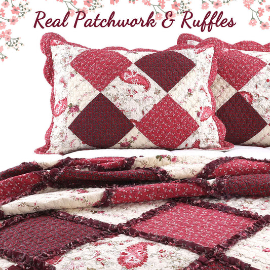 Pineiro Red Floral Real Patchwork Cotton 3-Piece Reversible Quilt Bedding Set Otarealm