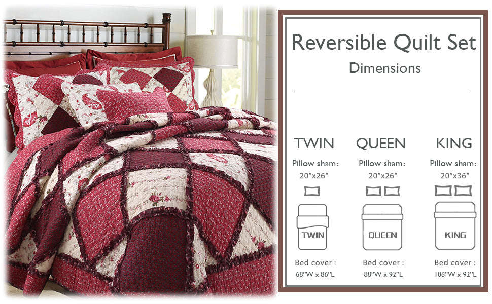 Pineiro Red Floral Real Patchwork Cotton 3-Piece Reversible Quilt Bedding Set Otarealm