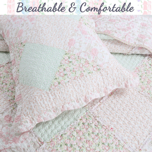 Banner Pink Floral Ruffle Real Patchwork Scalloped Edge Cotton Reversible Quilt Bedding Set Otarealm