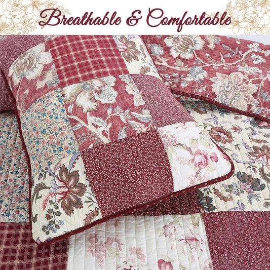 Stockwood Red Real Patchwork 3-Piece Cotton Reversible Quilt Bedding Set Otarealm