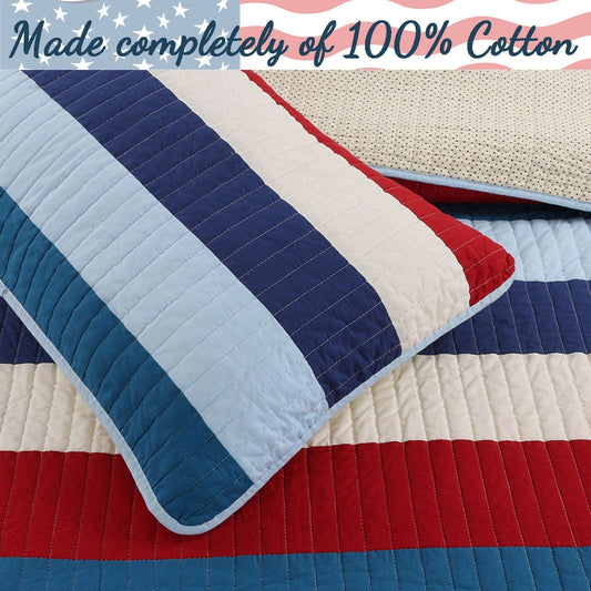 Ressler Navy Blue Red Stripe Real Patchwork Cotton Reversible Quilt Bedding Set Otarealm