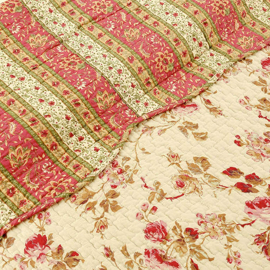 Vintage Rose Floral Cotton Quilted Scalloped Reversible Throw Blanket Otarealm