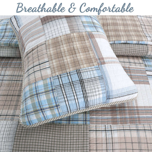 Hank Real Patchwork Blue 3-piece Cotton Reversible Quilt Bedding Set Otarealm