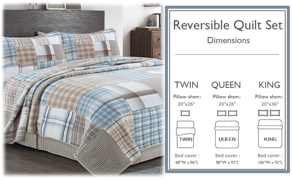 Hank Real Patchwork Blue 3-piece Cotton Reversible Quilt Bedding Set Otarealm