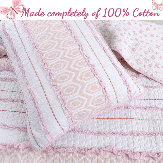 Pretty in Pink Girly Princess Ruffled Star Ogee Stripe Real Patchwork Cotton Reversible Quilt Bedding Set Otarealm