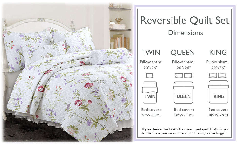 Lucie Light Pink Lavender Floral 3-Piece Reversible Quilt Bedding Set Otarealm