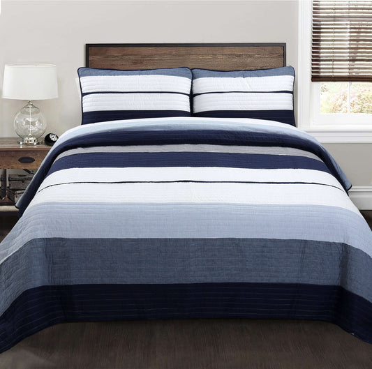 Tranquil Blue Gray Stripe Real Patchwork Cotton Reversible Quilt Bedding Set Otarealm
