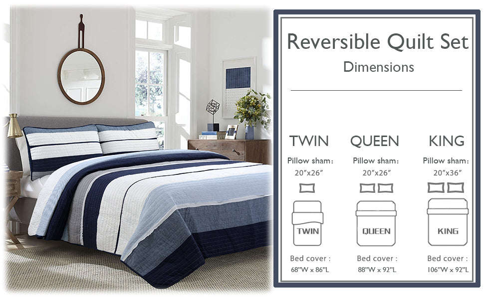 Tranquil Blue Gray Stripe Real Patchwork Cotton Reversible Quilt Bedding Set Otarealm
